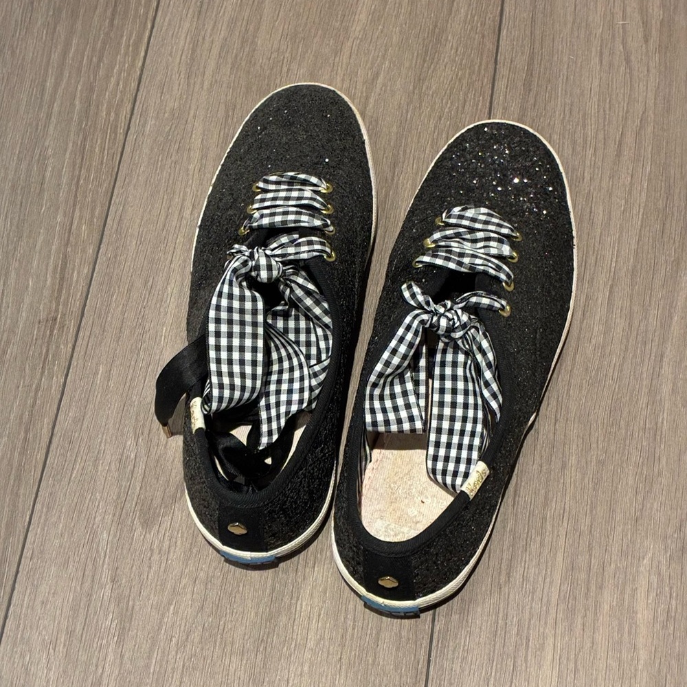 Black Glitter Sneakers with Gingham Laces